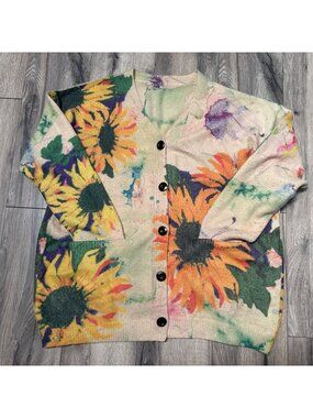 Womans L Sunflower Print Pockets Cotton Wool Blend Cardigan Sweater Button-Up Be